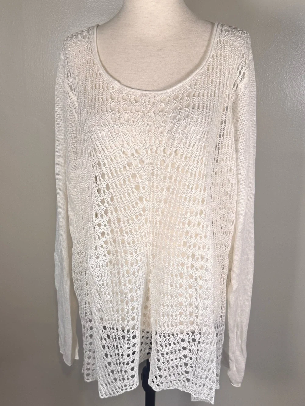 NWT Eileen Fisher Linen Sweater 3X White Crochet Minimalist Open Knit Pullover